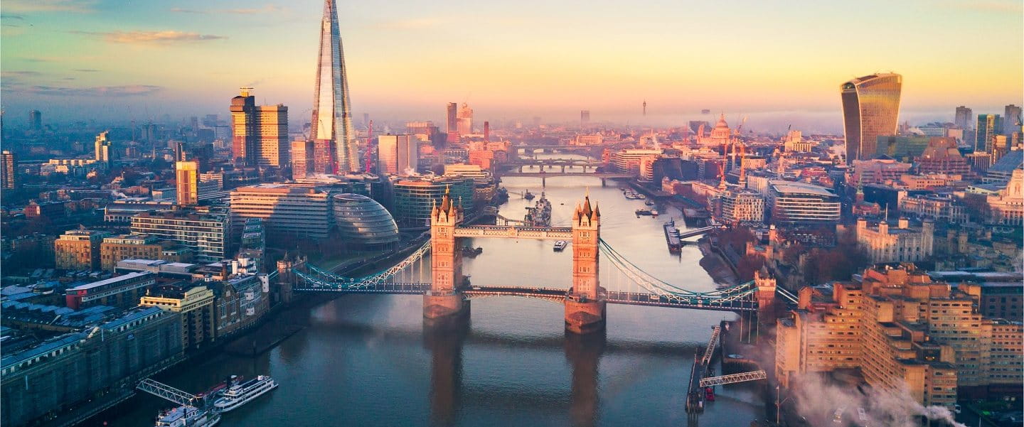 A large view of London city, with the London Bridge and some other buildings.