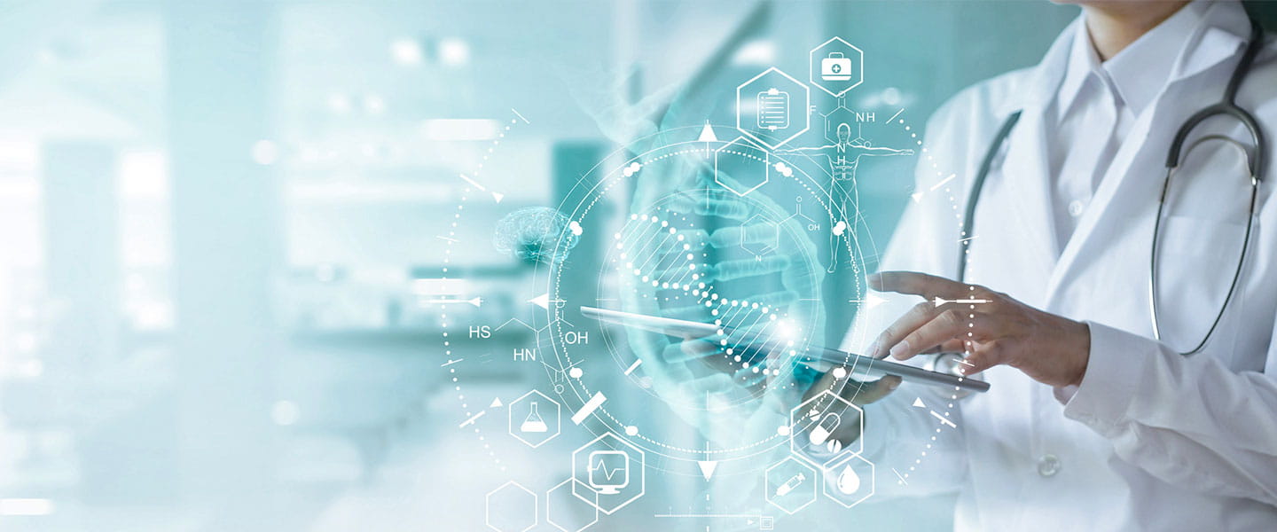 a doctor looking at a transparent globe