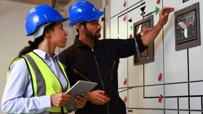 a man and a woman wearing hard hats and looking at a machine a man and a woman wearing hard hats and looking at a machine