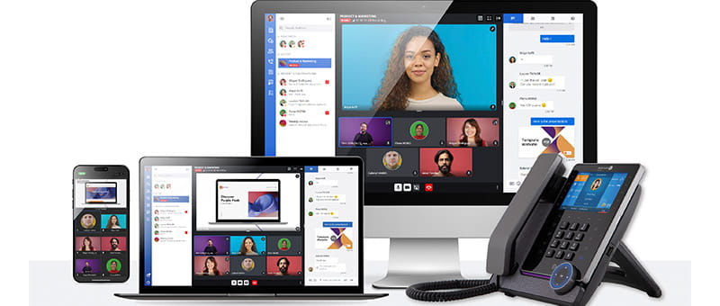 Isso mostra uma variedade de dispositivos de comunicação exibindo software de videoconferência e colaboração.